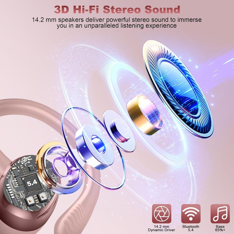 Hupoaf Wireless Earbuds Sport, New Bluetooth 5.4 Headphones with Earhooks, 50H Stereo Deep Bass Over Ear Buds with 4 ENC Noise Canceling Mics, IP7 Waterproof Earphones for Running Workout Gym -Rose - Image 2